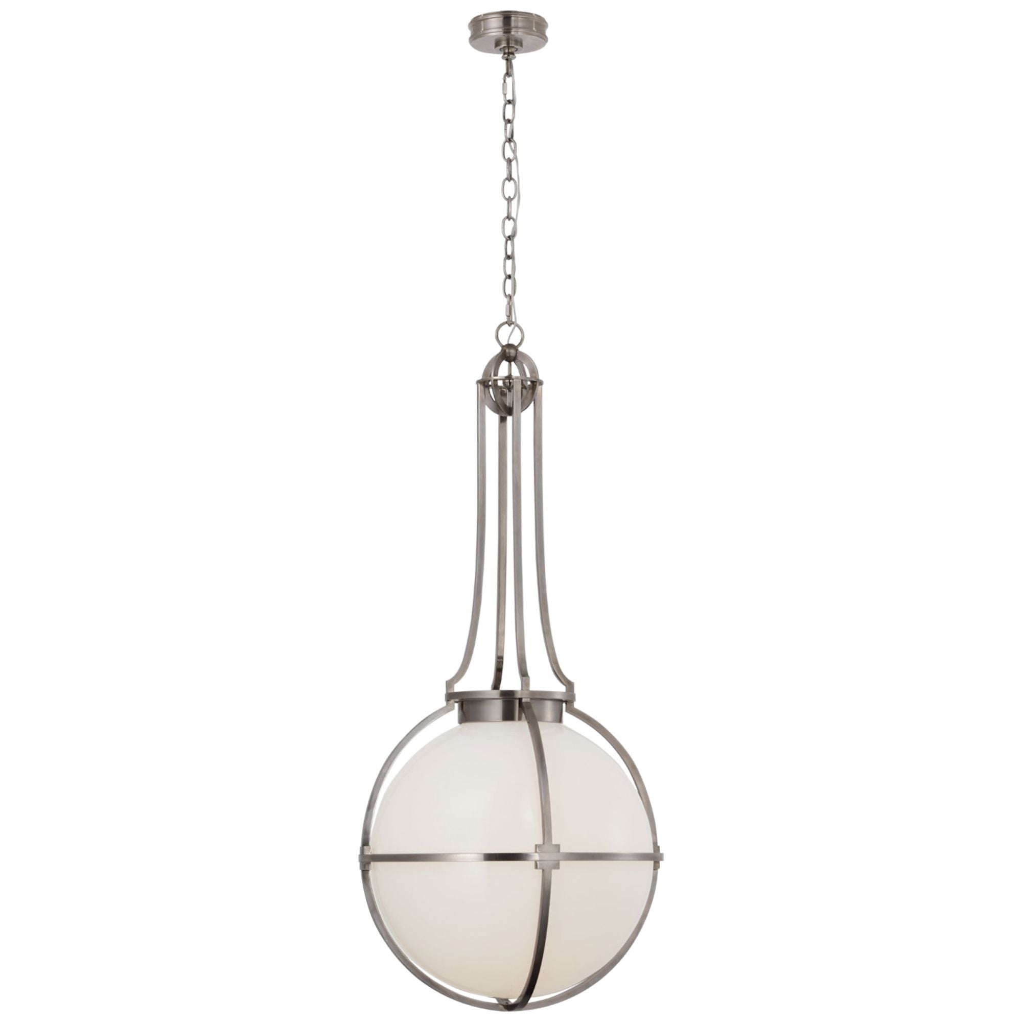 Chapman & Myers Gracie Large Captured Globe Pendant in Antique Nickel with White Glass Ceiling Light W19.25" x H44"