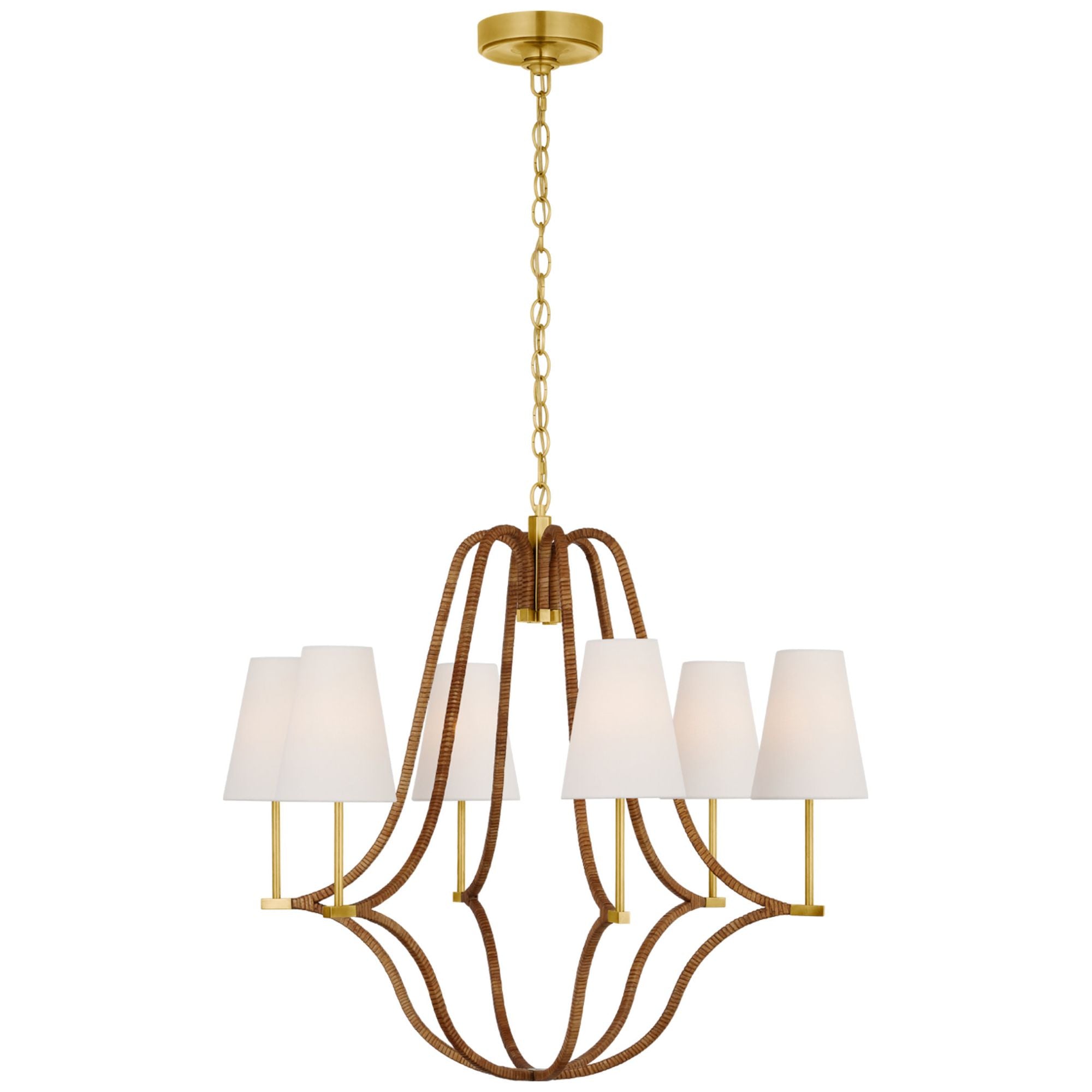 Chapman & Myers Biscayne Large Wrapped Chandelier in Antique-Burnished Brass and Natural Rattan with Linen Shades