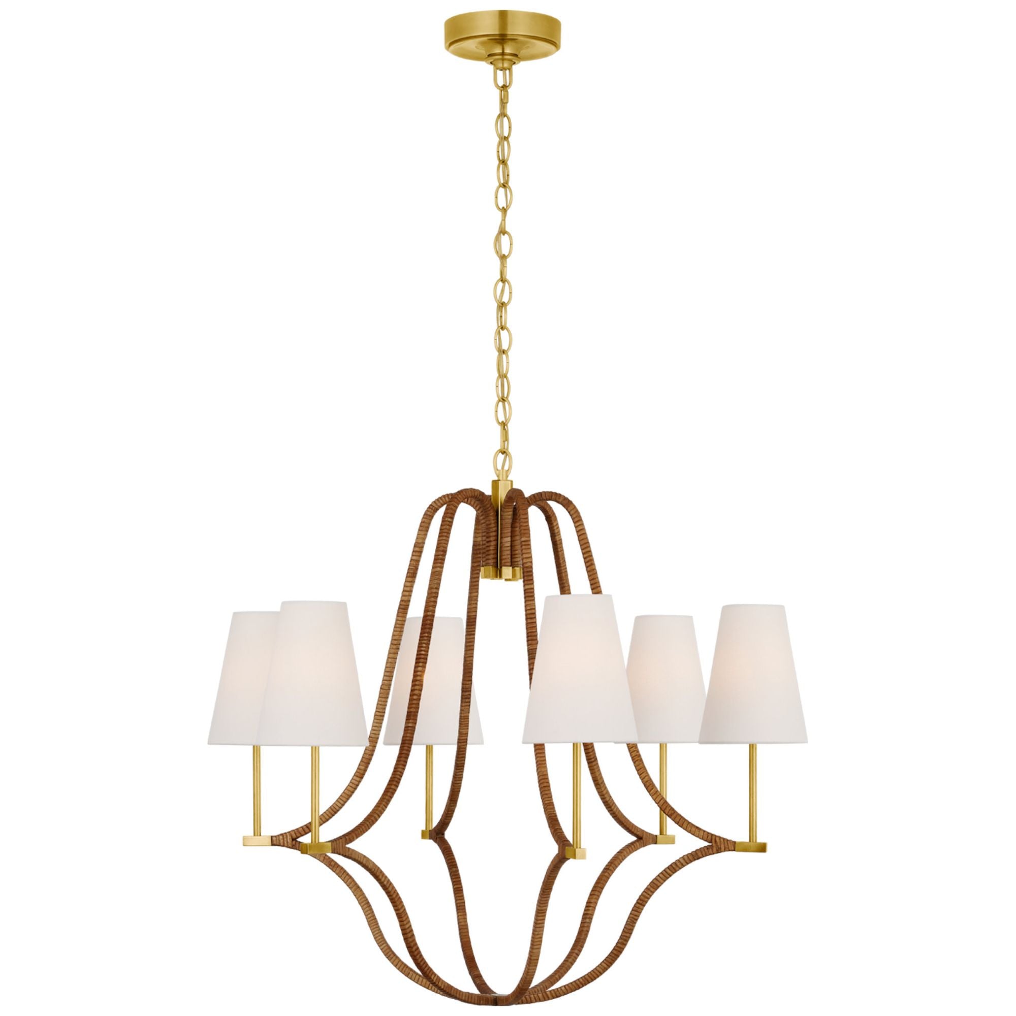 Chapman & Myers Biscayne Large Wrapped Chandelier in Antique-Burnished Brass and Natural Rattan with Linen Shades Ceiling Light W30.25" x H27.5"
