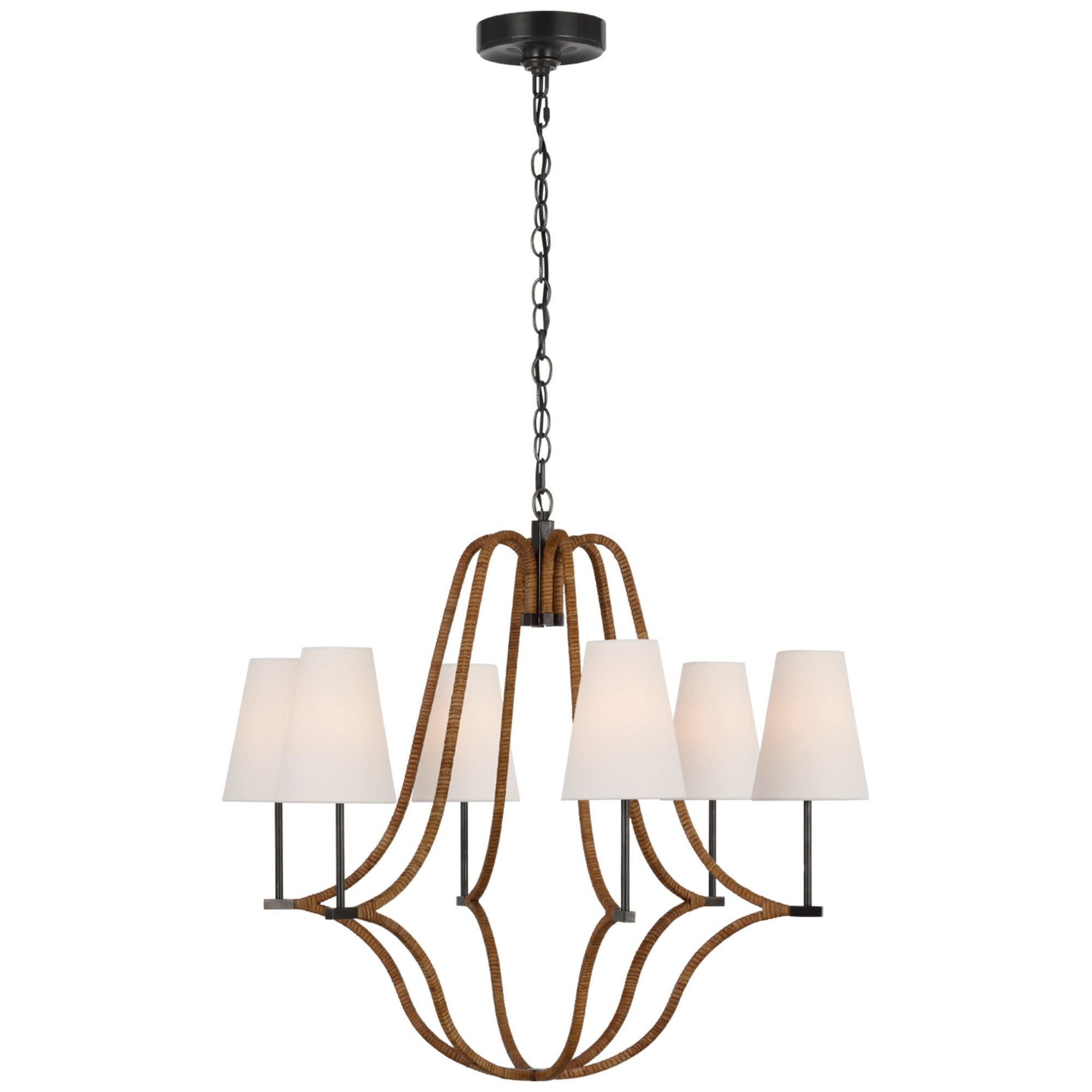 Chapman & Myers Biscayne Large Wrapped Chandelier in Bronze and Natural Rattan with Linen Shades Ceiling Light W30.25" x H27.5"