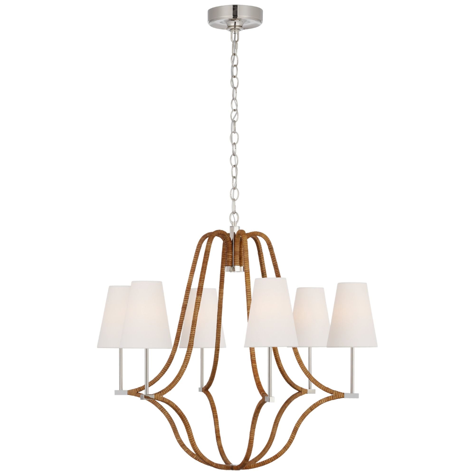 Chapman & Myers Biscayne Large Wrapped Chandelier in Polished Nickel and Natural Rattan with Linen Shades