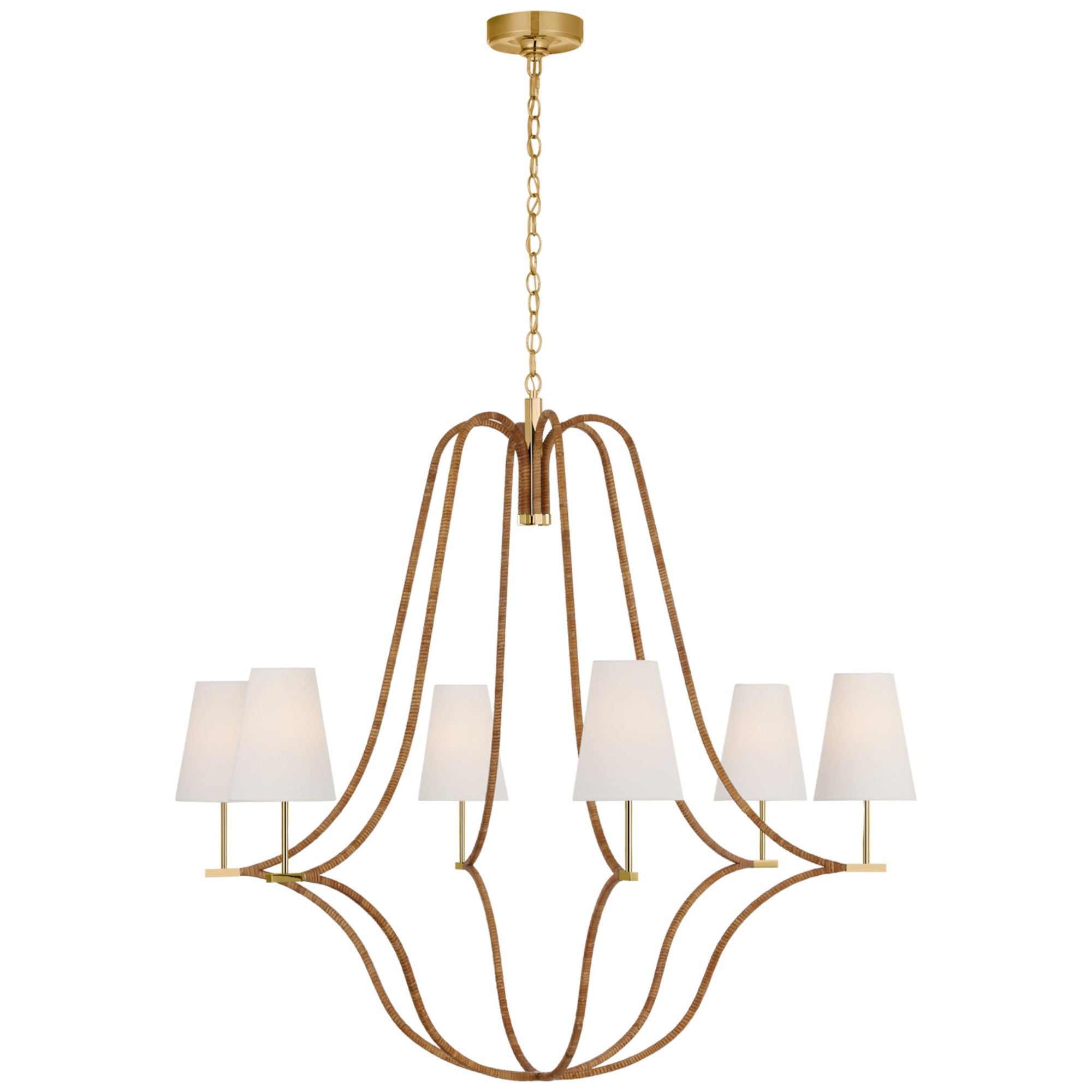 Chapman & Myers Biscayne Extra Large Wrapped Chandelier in Antique-Burnished Brass and Natural Rattan with Linen Shades Ceiling Light W45.75" x H42.75"