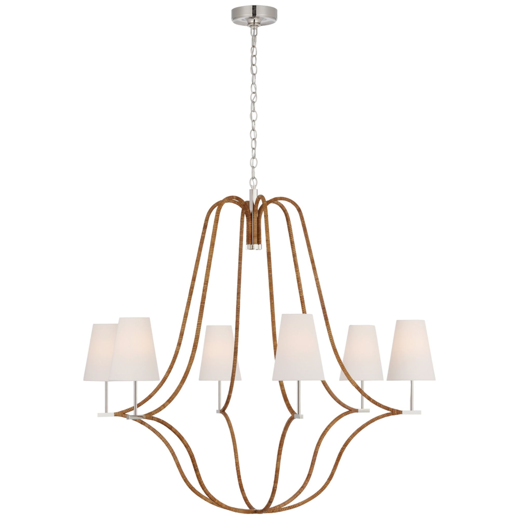 Chapman & Myers Biscayne Extra Large Wrapped Chandelier in Polished Nickel and Natural Rattan with Linen Shades