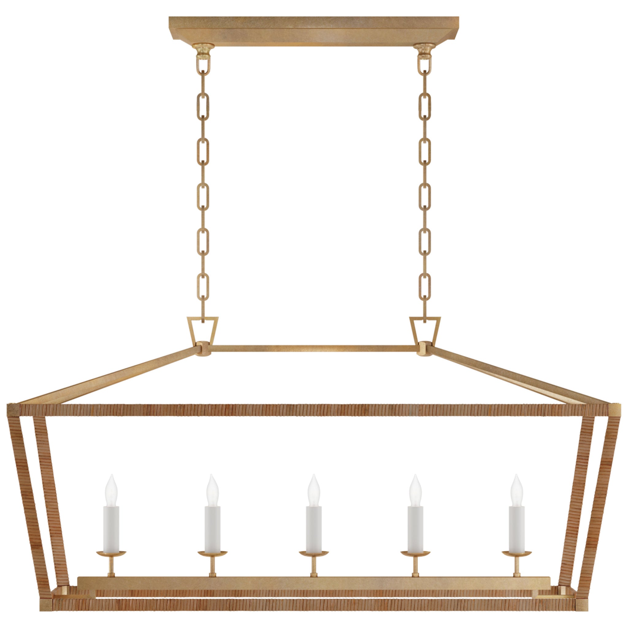 Chapman & Myers Darlana Medium Rattan Wrapped Linear Lantern in Antique-Burnished Brass and Natural Rattan Ceiling Light W41" X 13" x H20"