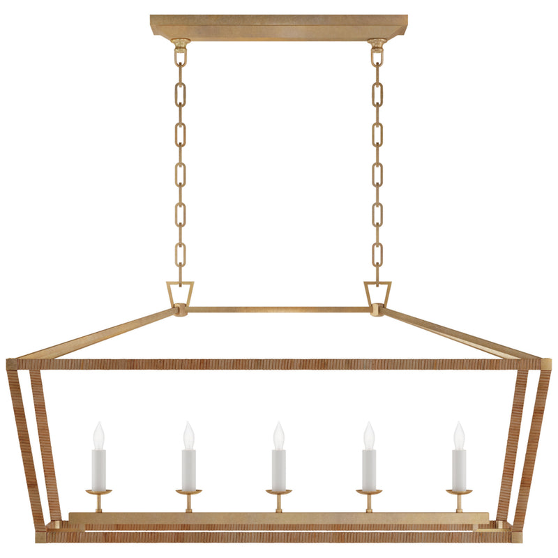 Chapman & Myers Darlana Medium Rattan Wrapped Linear Lantern in Antique-Burnished Brass and Natural Rattan