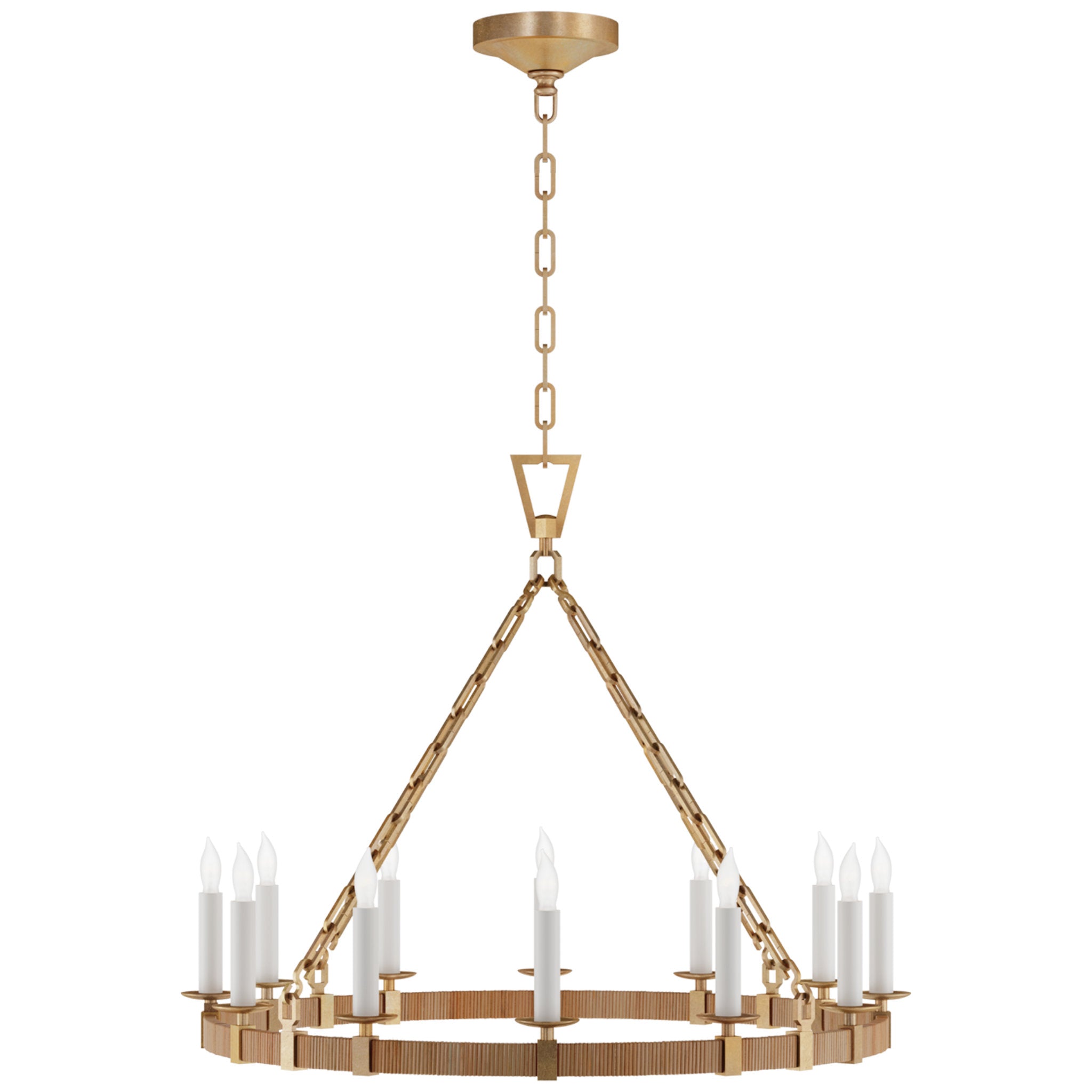 Chapman & Myers Darlana Medium Wrapped Ring Chandelier in Antique-Burnished Brass and Natural Rattan