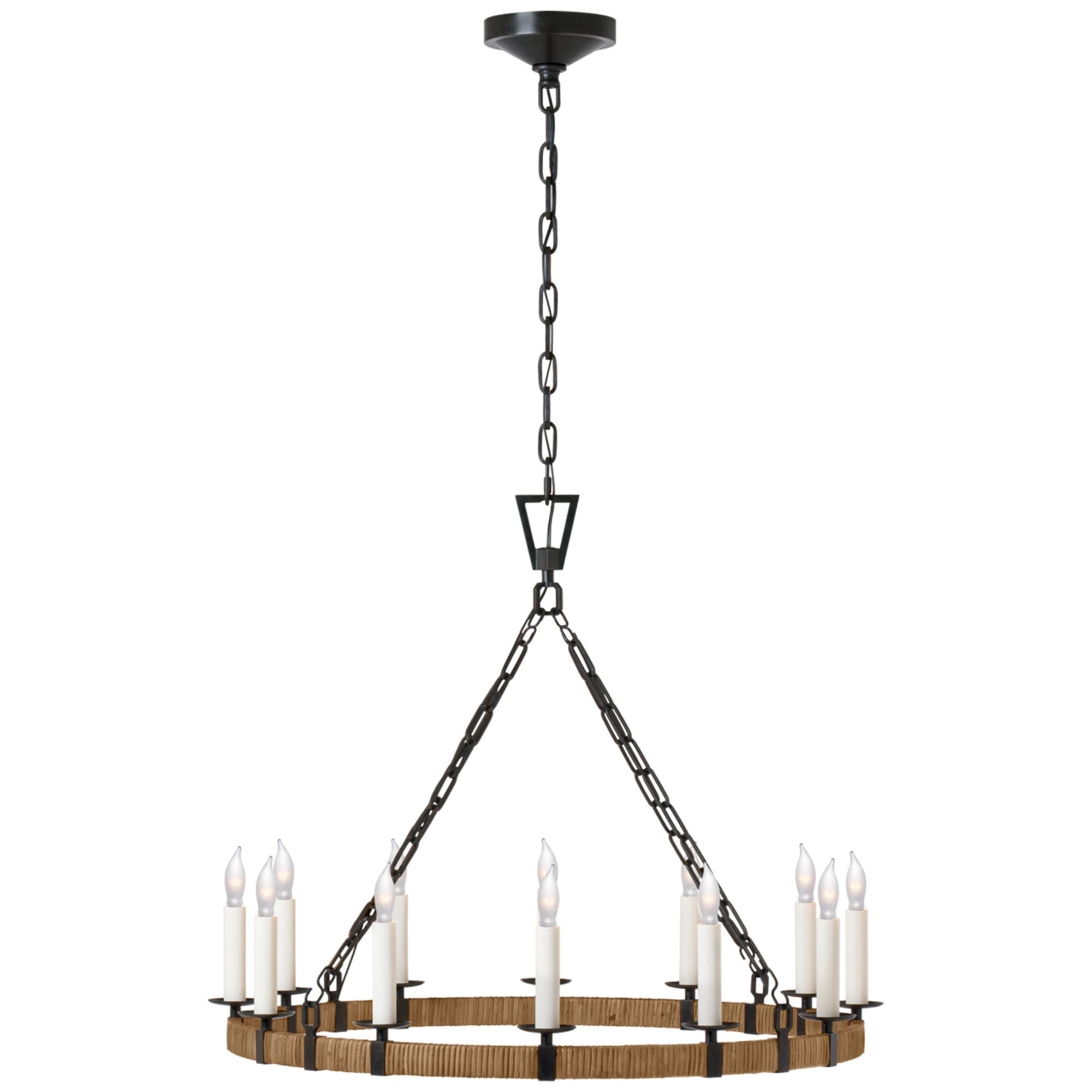 Chapman & Myers Darlana Medium Wrapped Ring Chandelier in Aged Iron and Natural Rattan