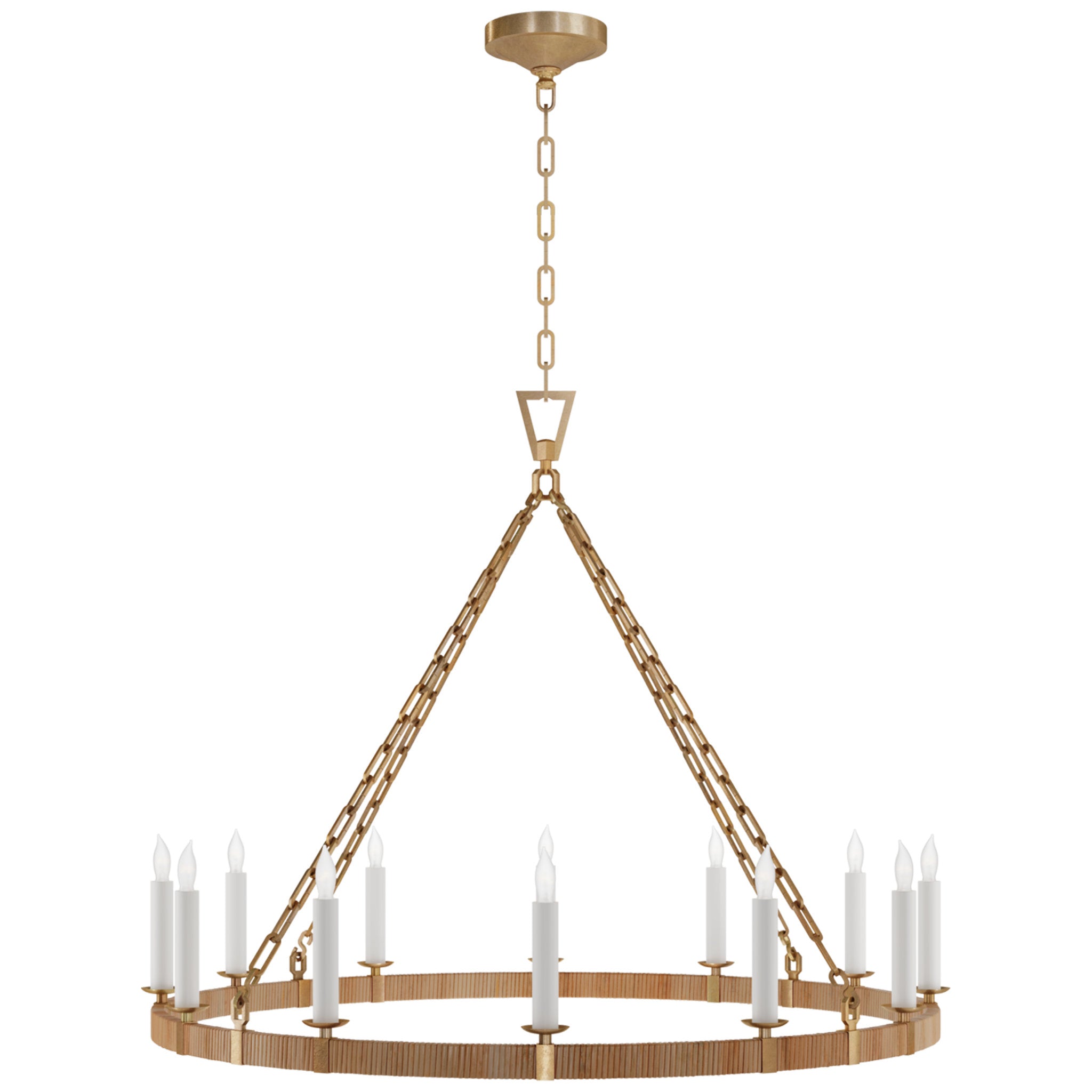 Chapman & Myers Darlana Large Wrapped Ring Chandelier in Antique-Burnished Brass and Natural Rattan