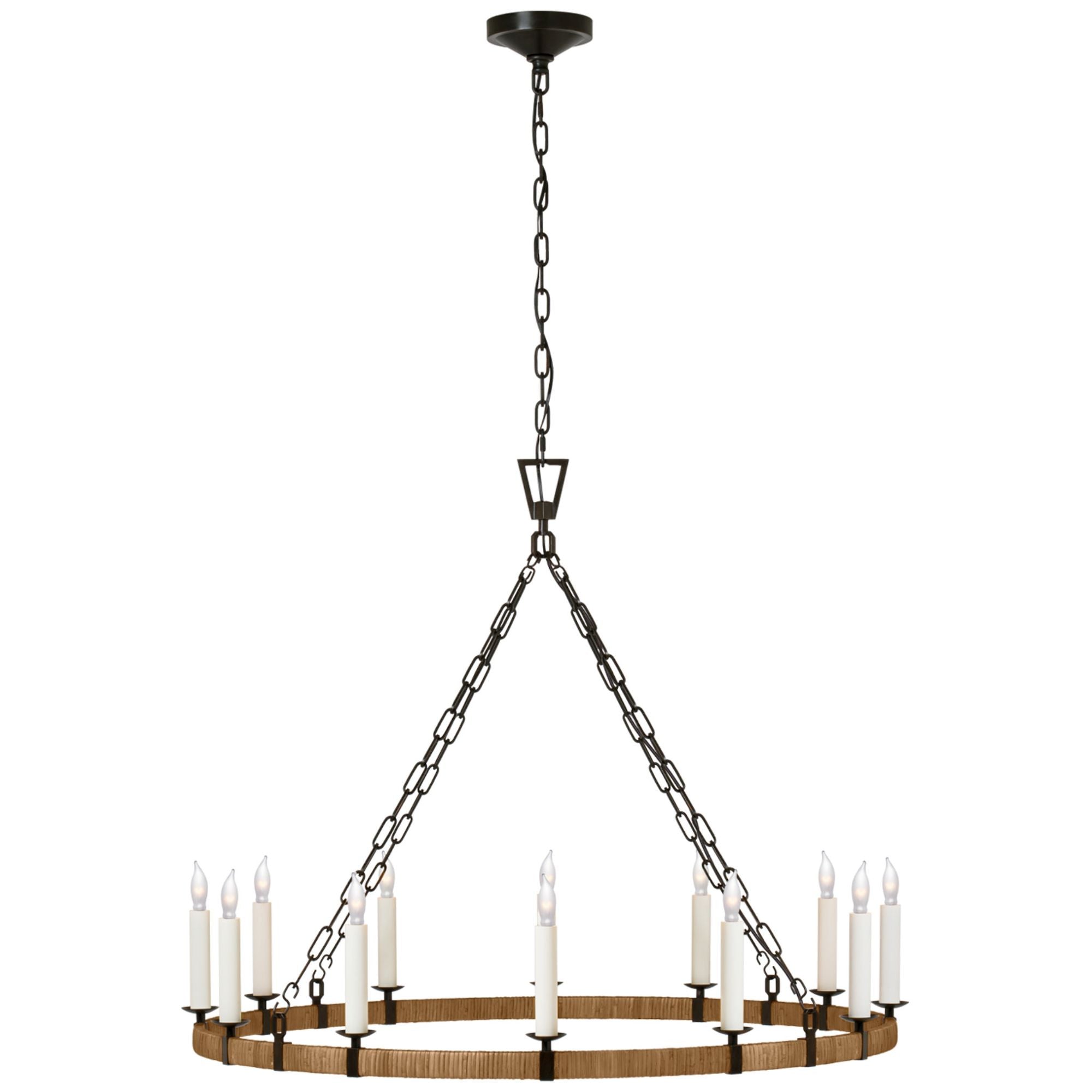 Chapman & Myers Darlana Large Wrapped Ring Chandelier in Aged Iron and Natural Rattan