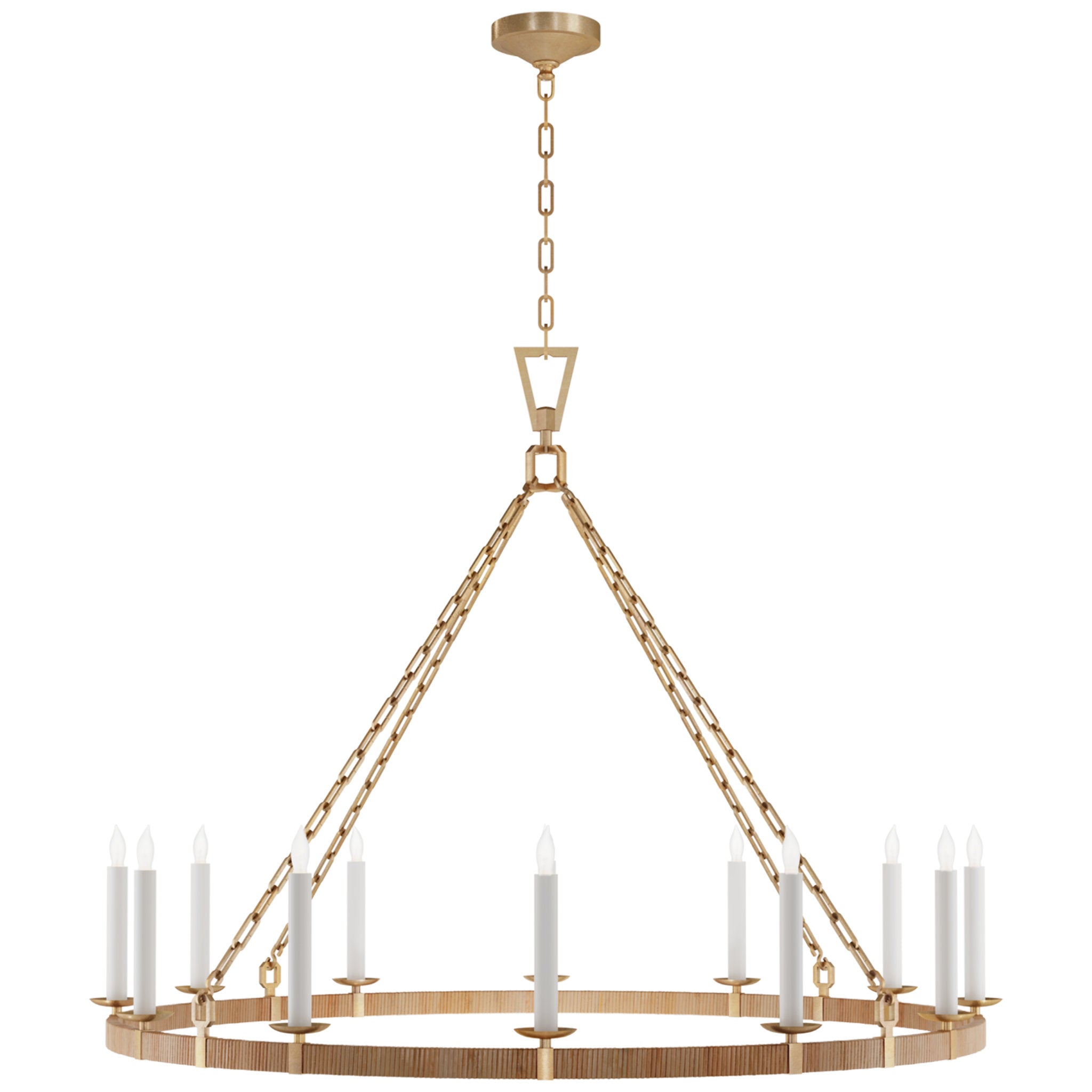 Chapman & Myers Darlana XL Wrapped Ring Chandelier in Antique-Burnished Brass and Natural Rattan Ceiling Light W50" x H38.75"