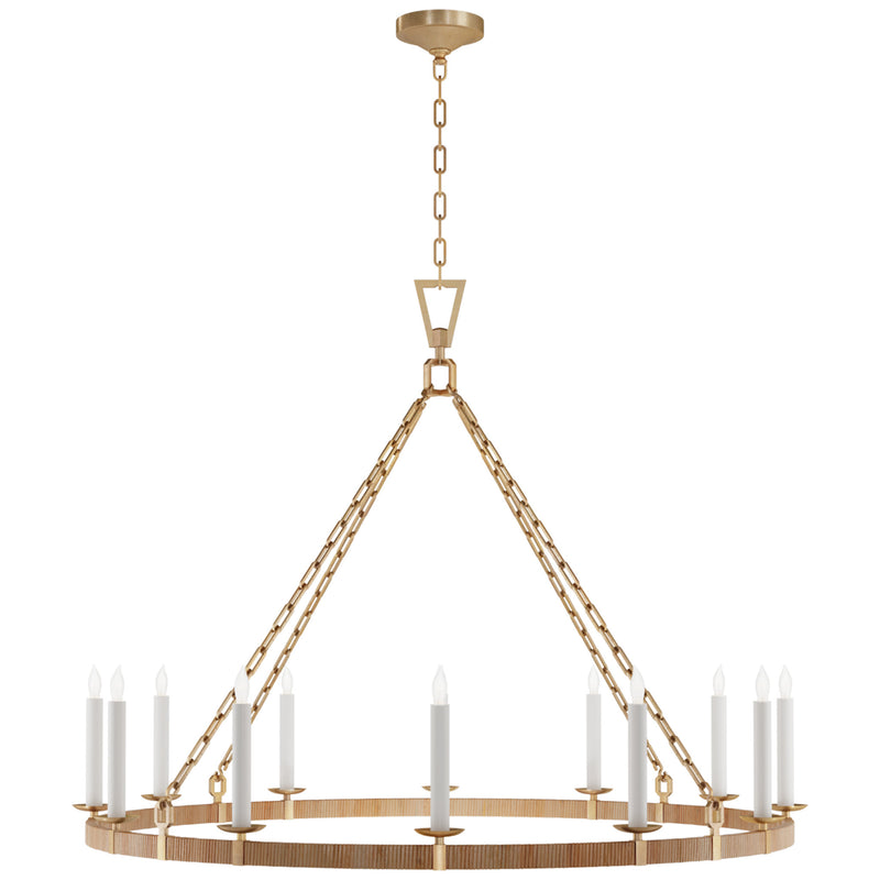 Chapman & Myers Darlana XL Wrapped Ring Chandelier in Antique-Burnished Brass and Natural Rattan