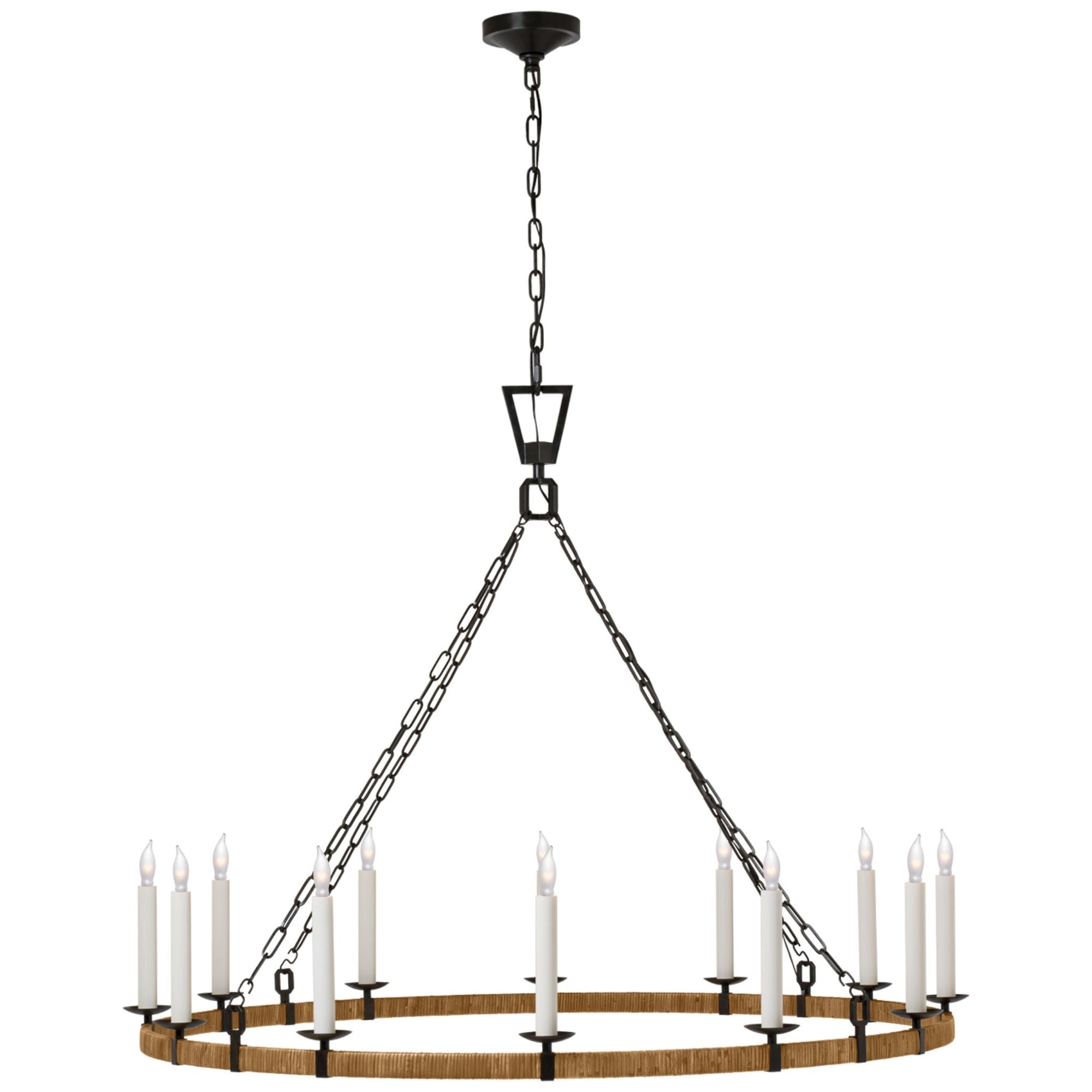 Chapman & Myers Darlana XL Wrapped Ring Chandelier in Aged Iron and Natural Rattan Ceiling Light W50" x H38.75"