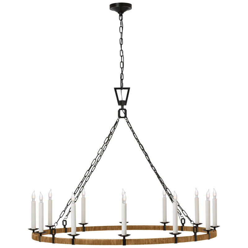 Chapman & Myers Darlana XL Wrapped Ring Chandelier in Aged Iron and Natural Rattan