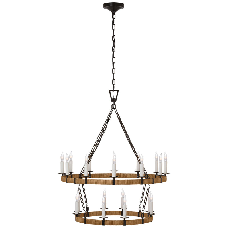Chapman & Myers Darlana Medium Two Tier Chandelier in Aged Iron and Natural Rattan
