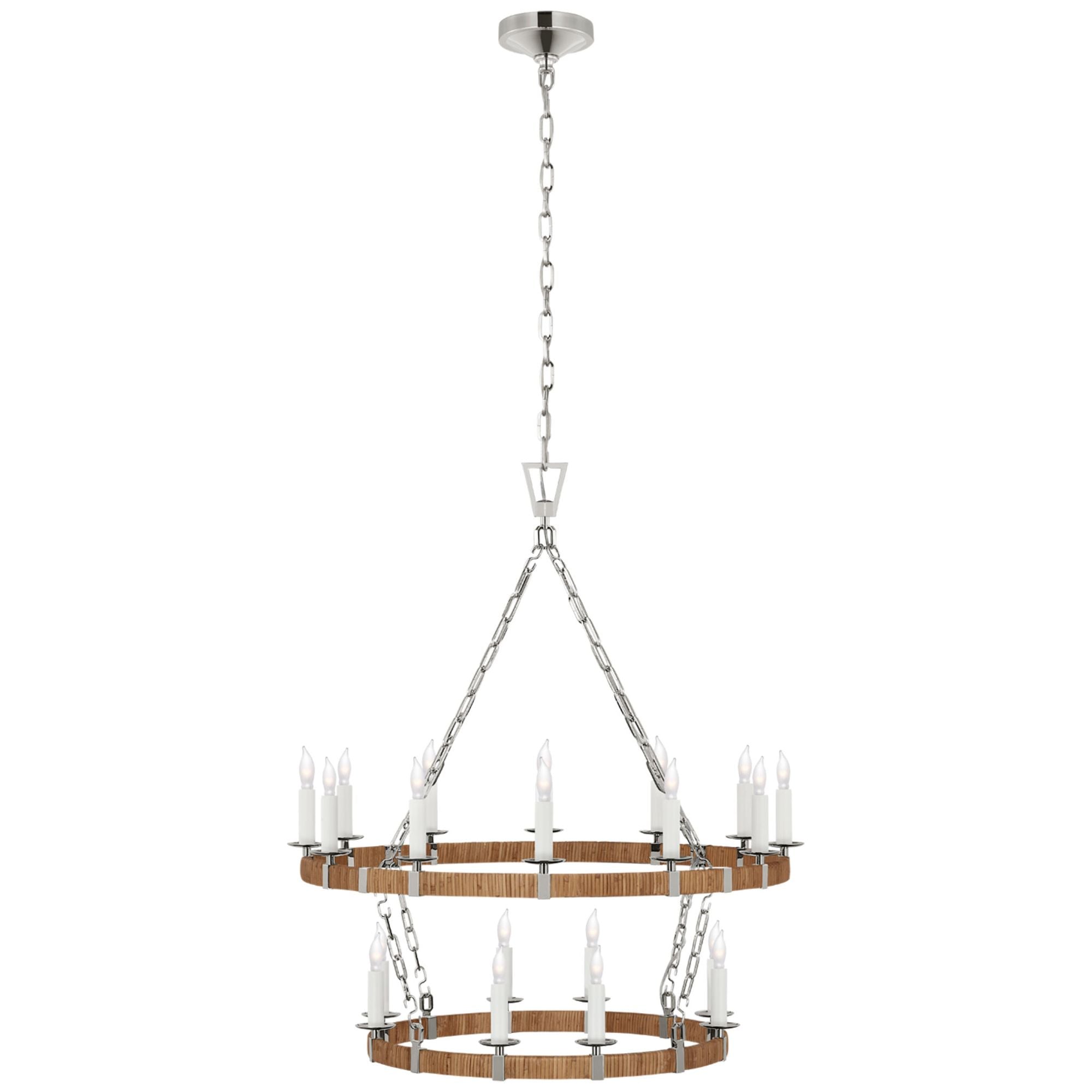 Chapman & Myers Darlana Medium Two Tier Chandelier in Polished Nickel and Natural Rattan Ceiling Light W31.75" x H36.75"