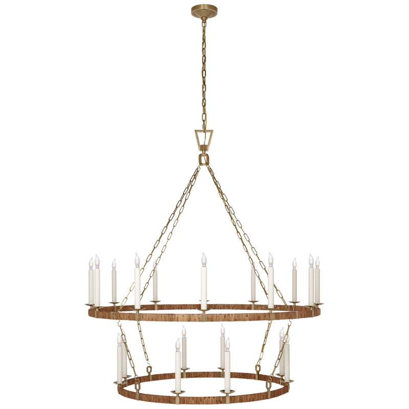 Chapman & Myers Darlana Extra Large Two Tier Chandelier in Antique-Burnished Brass and Natural Rattan