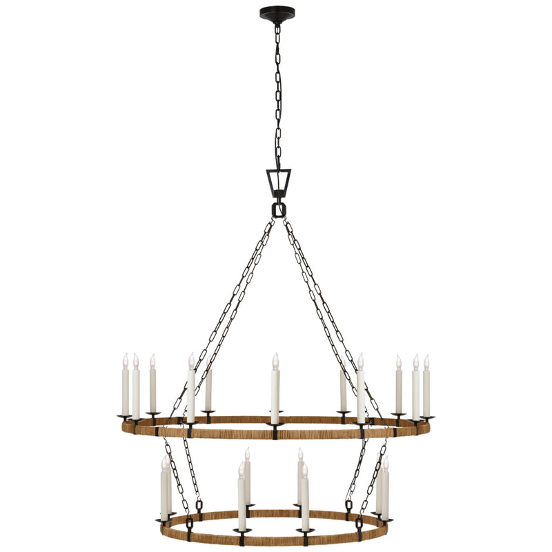 Chapman & Myers Darlana Extra Large Two Tier Chandelier in Aged Iron and Natural Rattan