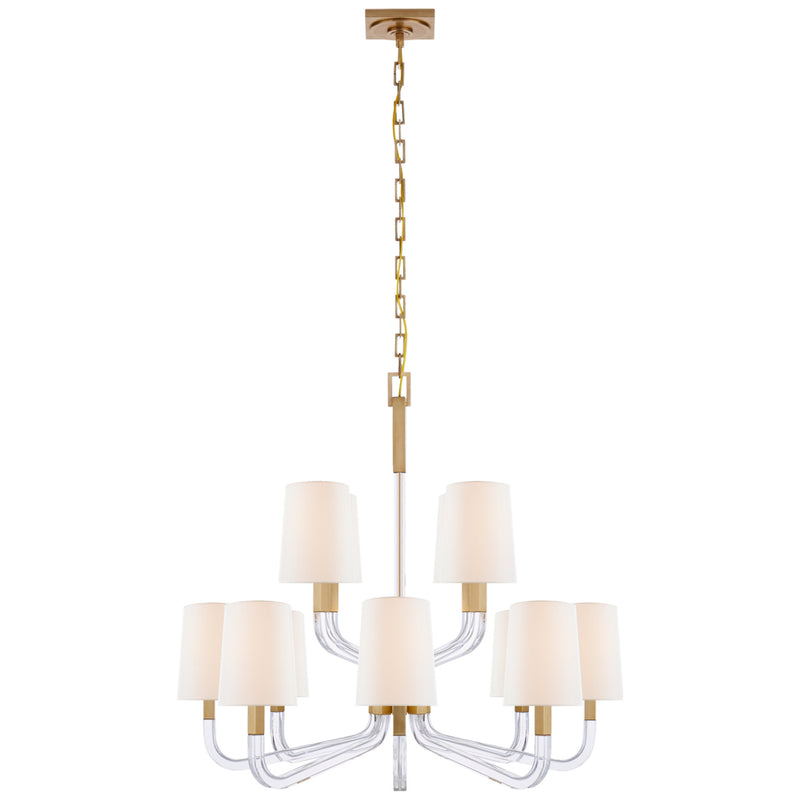 Chapman & Myers Reagan Medium Two Tier Chandelier in Antique-Burnished Brass and Crystal with Linen Shades