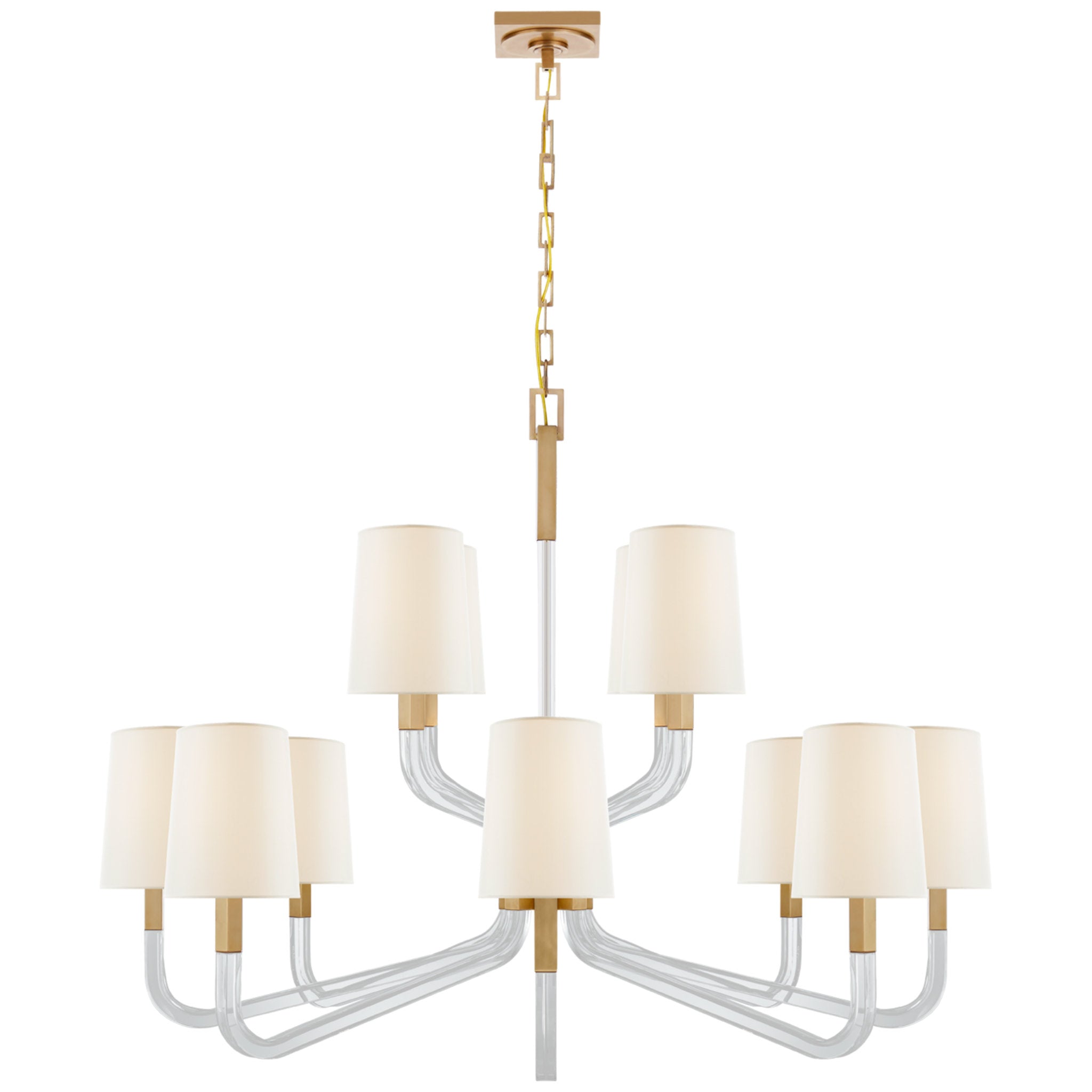 Chapman & Myers Reagan Grande Two Tier Chandelier in Antique-Burnished Brass and Crystal with Linen Shades Ceiling Light W44.75" x H35.5"