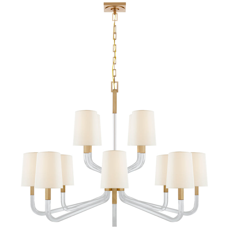Chapman & Myers Reagan Grande Two Tier Chandelier in Antique-Burnished Brass and Crystal with Linen Shades