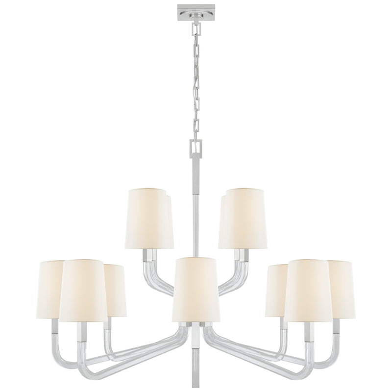 Chapman & Myers Reagan Grande Two Tier Chandelier in Polished Nickel and Crystal with Linen Shades