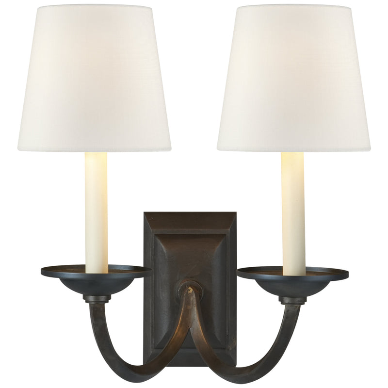Chapman & Myers Flemish Double Sconce in Aged Iron with Linen Shades