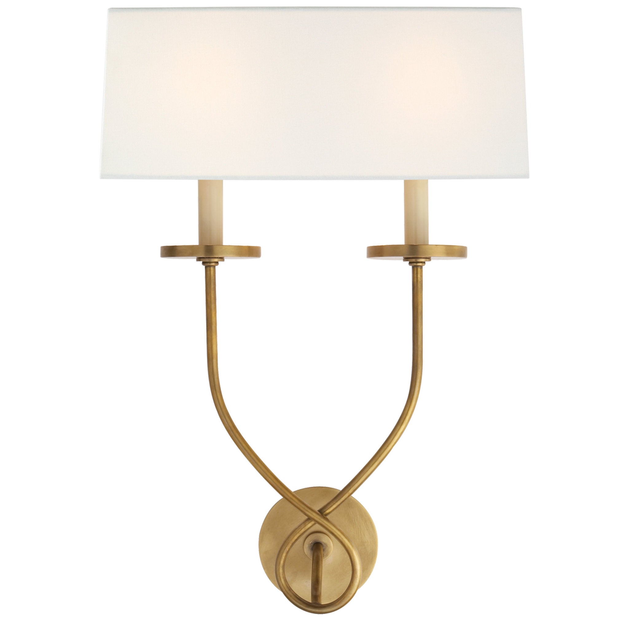Chapman & Myers Symmetric Twist Double Sconce in Antique-Burnished Brass with Linen Shade