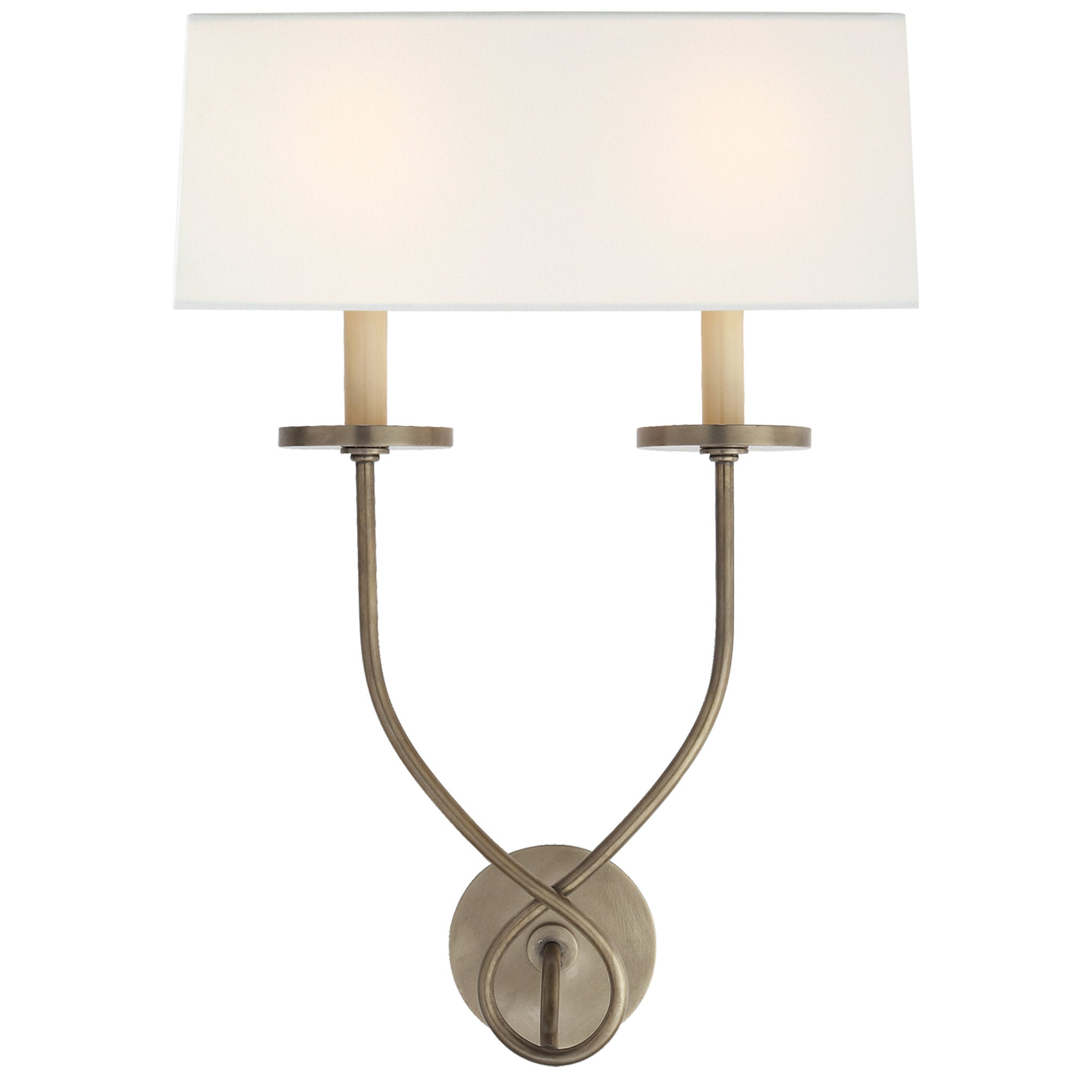 Chapman & Myers Symmetric Twist Double Sconce in Antique Nickel with Linen Shade