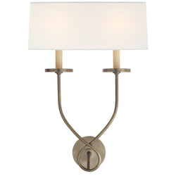 Chapman & Myers Symmetric Twist Double Sconce in Antique Nickel with Linen Shade