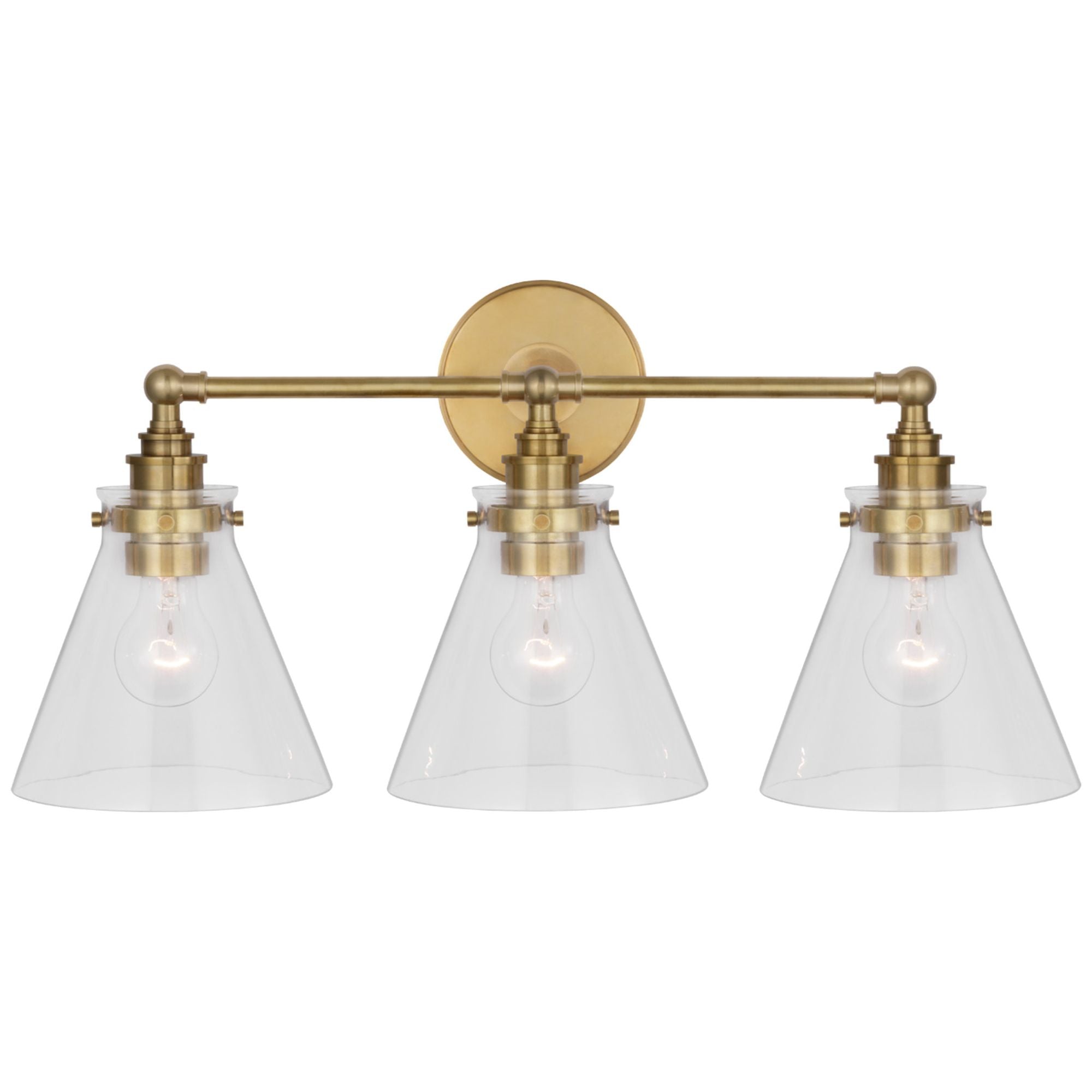 Chapman & Myers Parkington 24" Three Light Bath Bar in Antique-Burnished Brass with Clear Glass Wall Light W24" x H11.5"