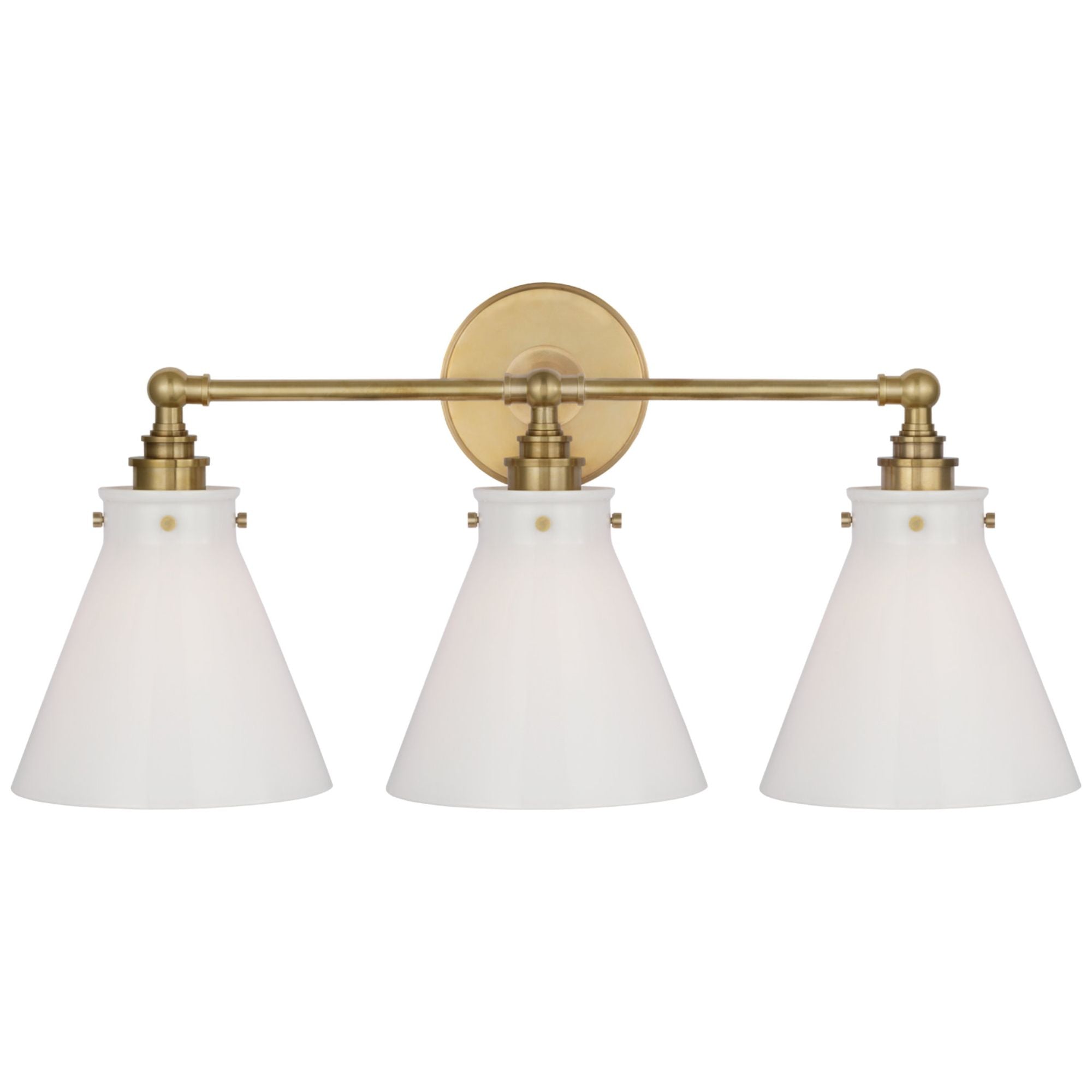 Chapman & Myers Parkington 24" Three Light Bath Bar in Antique-Burnished Brass with White Glass Wall Light W24" x H11.5"
