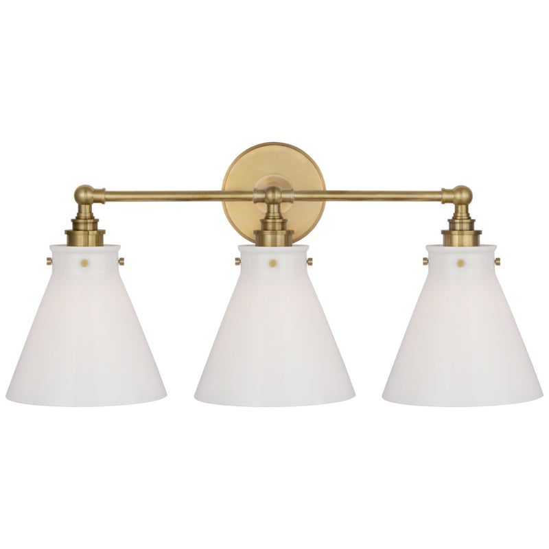 Chapman & Myers Parkington 24" Three Light Bath Bar in Antique-Burnished Brass with White Glass