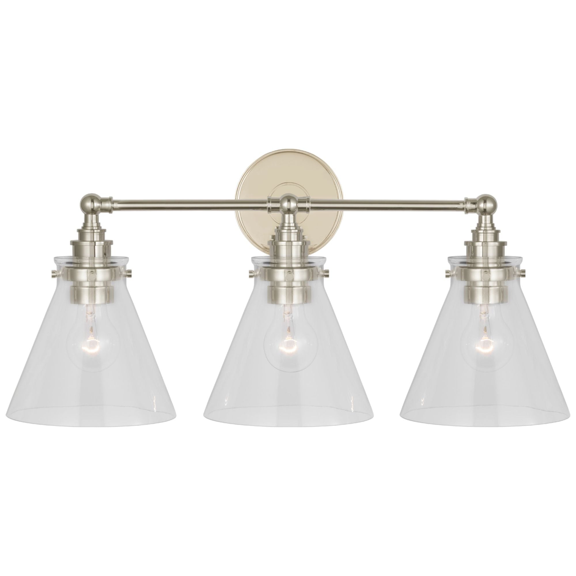 Chapman & Myers Parkington 24" Three Light Bath Bar in Polished Nickel with Clear Glass Wall Light W24" x H11.5"