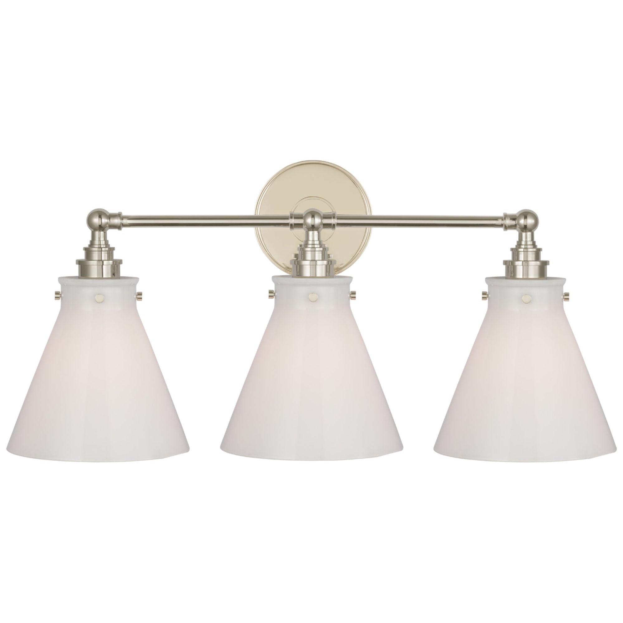 Chapman & Myers Parkington 24" Three Light Bath Bar in Polished Nickel with White Glass Wall Light W24" x H11.5"