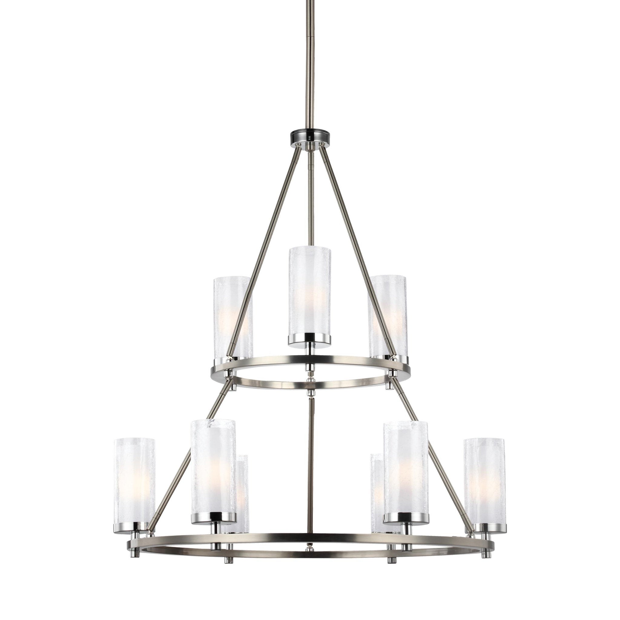 Jonah Two-Tier Chandelier Period Uptown 33.5" Height Steel Round White Opal Etched Shade in Satin Nickel / Chrome