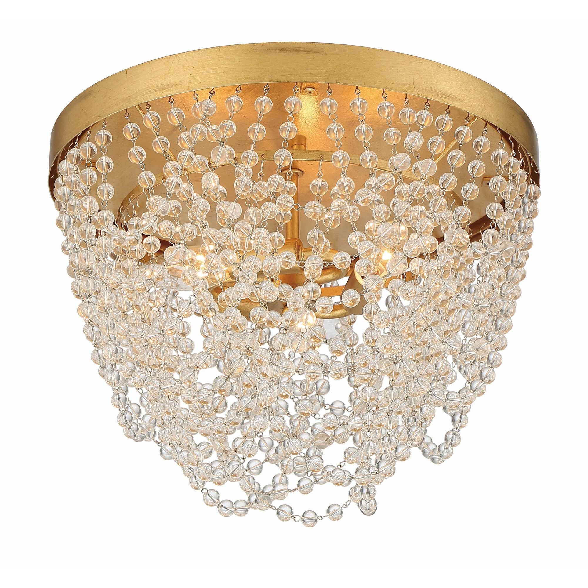 Fiona 3 Light Antique Gold Flush Mount Clear Glass Beads 13.75"W x 10"H x 13.75"D