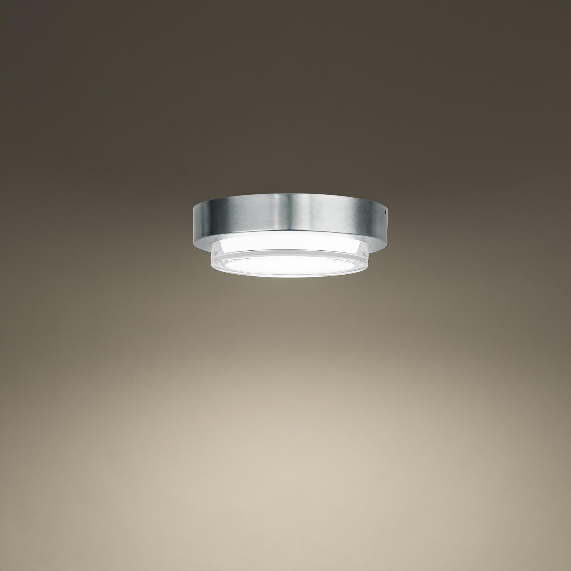 Kind 8in LED Round Indoor or Outdoor Flush Mount 3-CCT 2700K-3000K-3500K Set to 2700K in Stainless Steel