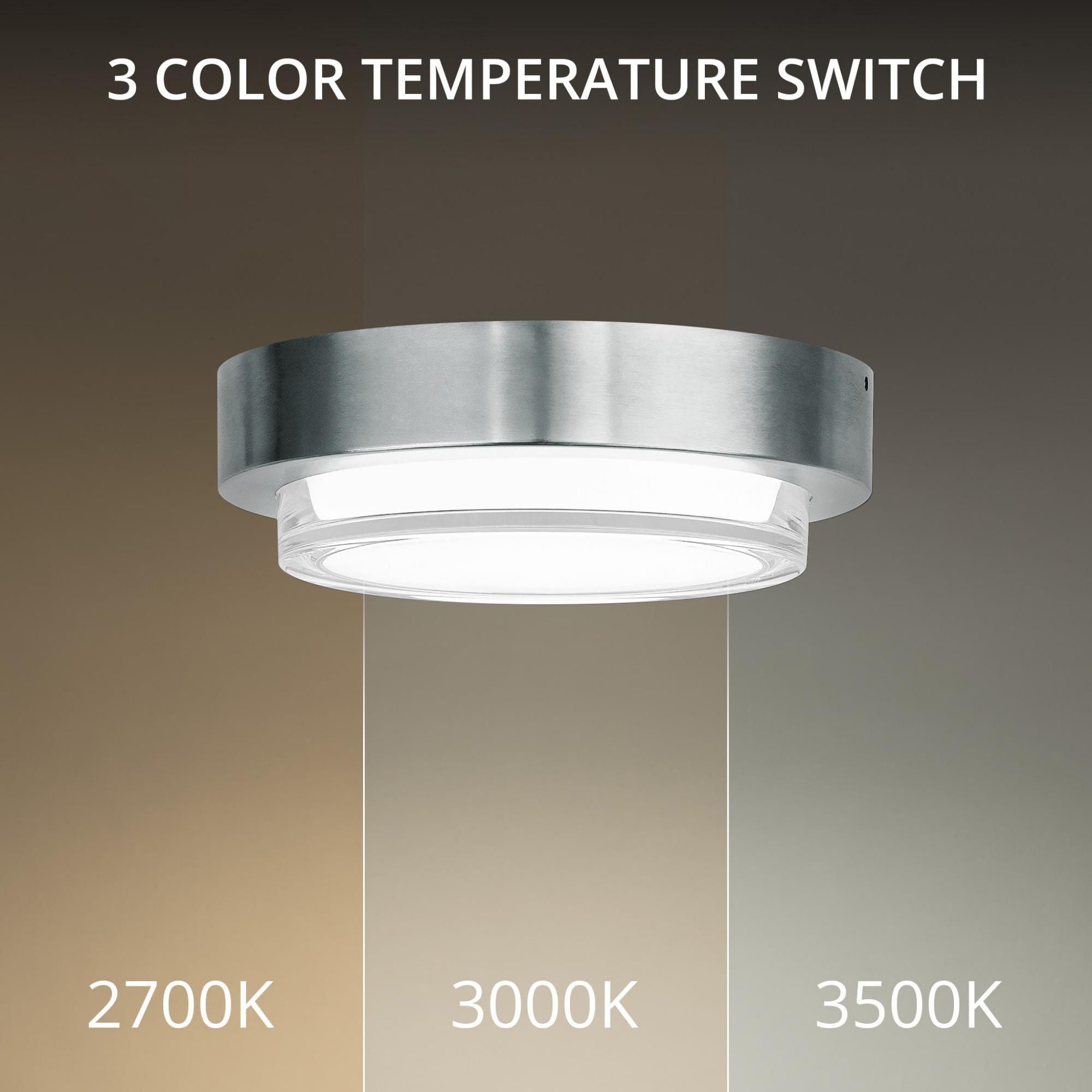 Kind 8in LED Round Indoor or Outdoor Flush Mount 3-CCT 2700K-3000K-3500K Set to 2700K in Stainless Steel