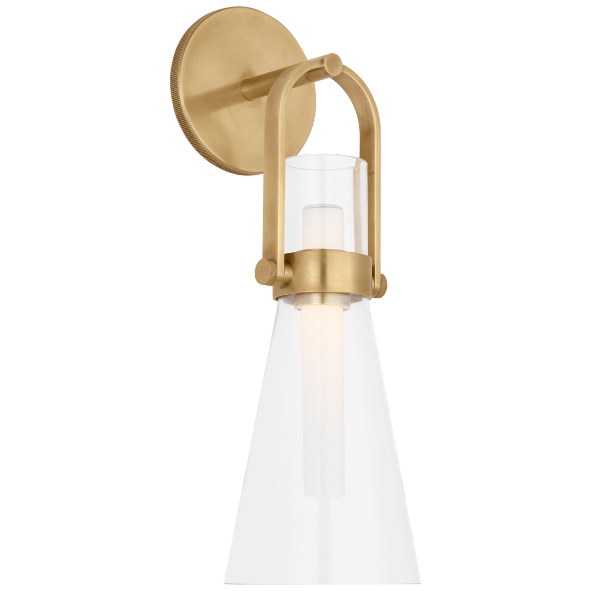 Ian K. Fowler Larkin Medium Conical Bracketed Sconce in Hand-Rubbed Antique Brass with Clear Glass