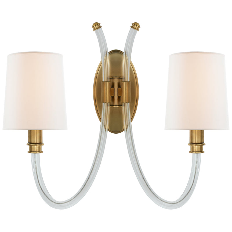 Julie Neill Clarice Double Sconce in Crystal and Antique-Burnished Brass with Linen Shades