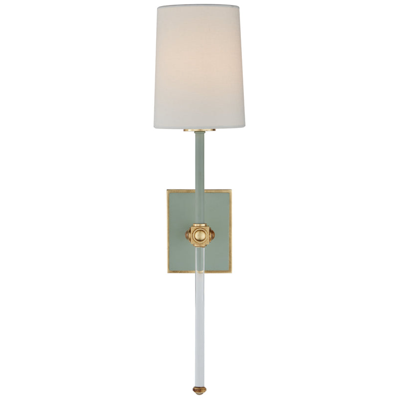 Julie Neill Lucia Medium Tail Sconce in Celadon and Crystal with Linen Shade