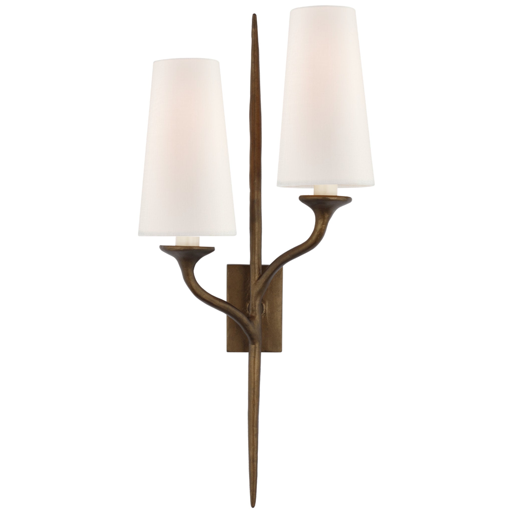 Julie Neill Iberia Double Right Sconce in Antique Bronze Leaf with Linen Shades Wall Light W11" x H24"