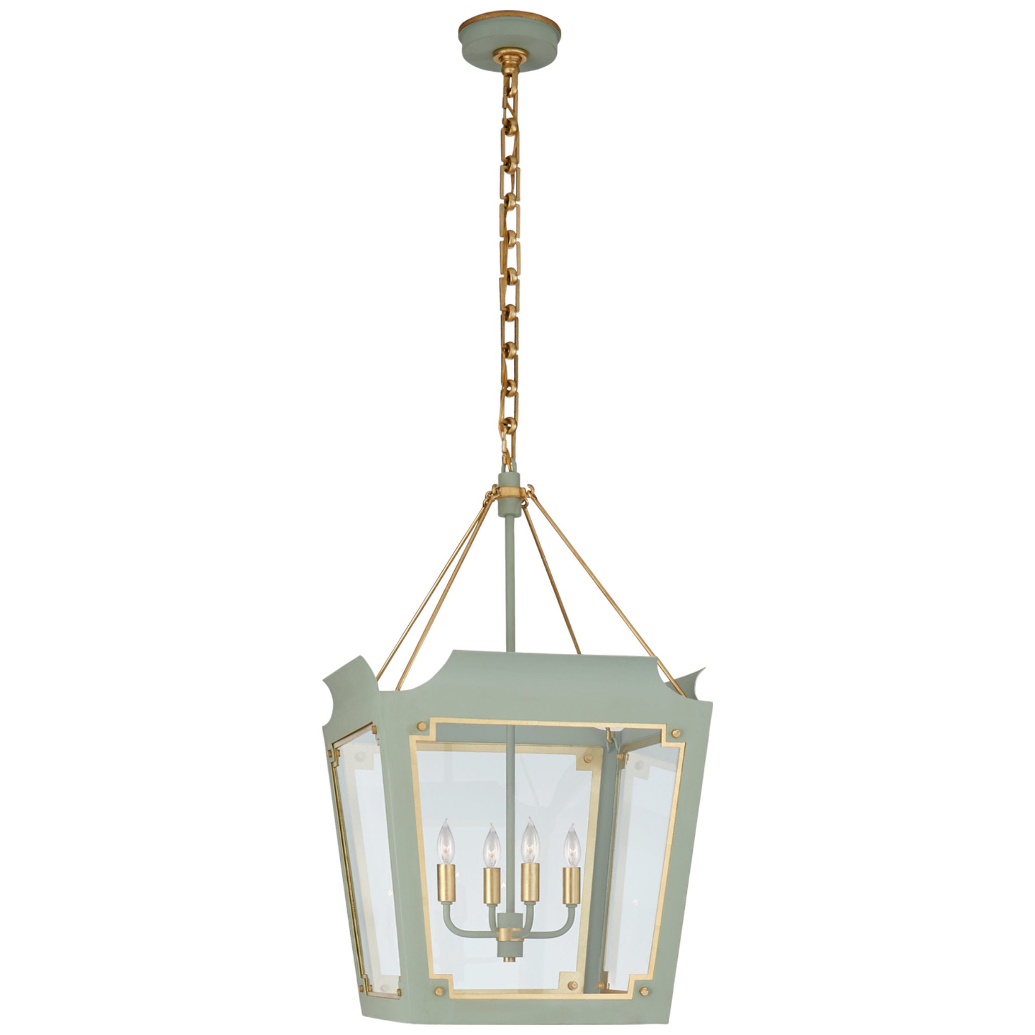 Julie Neill Caddo Medium Lantern in Celadon and Gild with Clear Glass