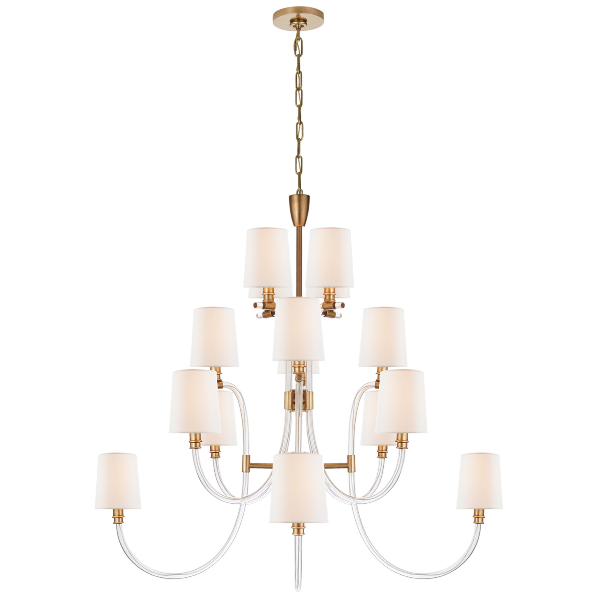 Julie Neill Clarice Large Chandelier in Clear Acrylic and Antique-Burnished Brass with Linen Shades