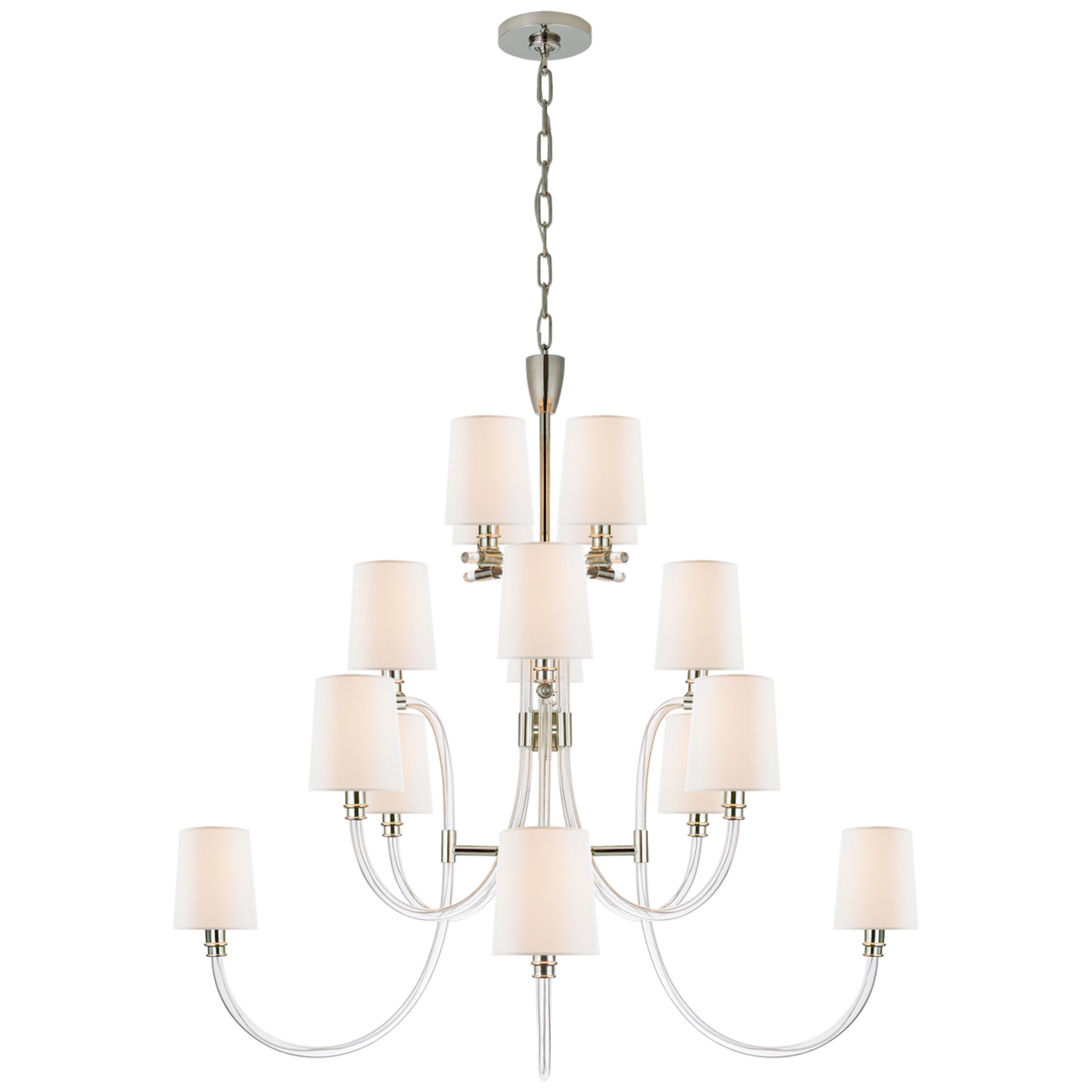 Julie Neill Clarice Large Chandelier in Clear Acrylic and Polished Nickel with Linen Shades