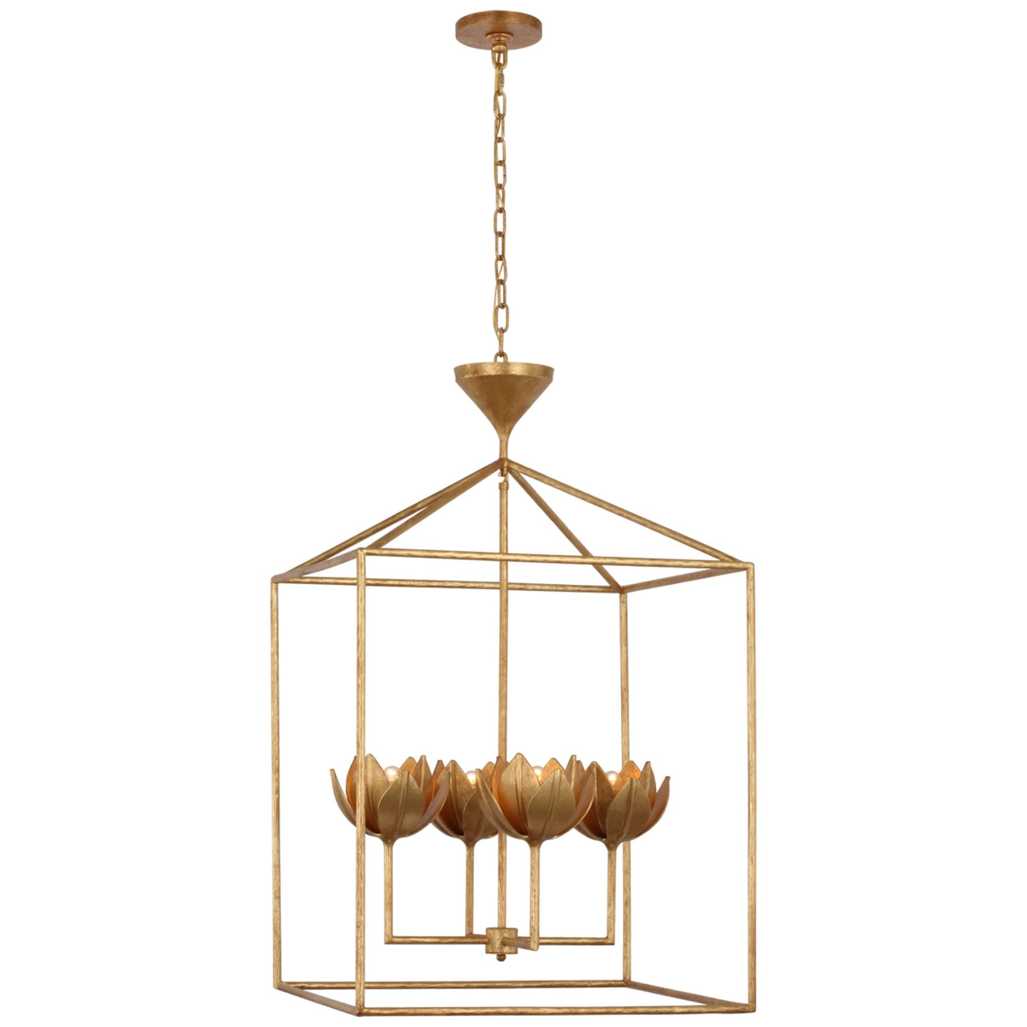 Julie Neill Alberto Large Open Cage Lantern in Antique Gold Leaf Ceiling Light W24" x H39"