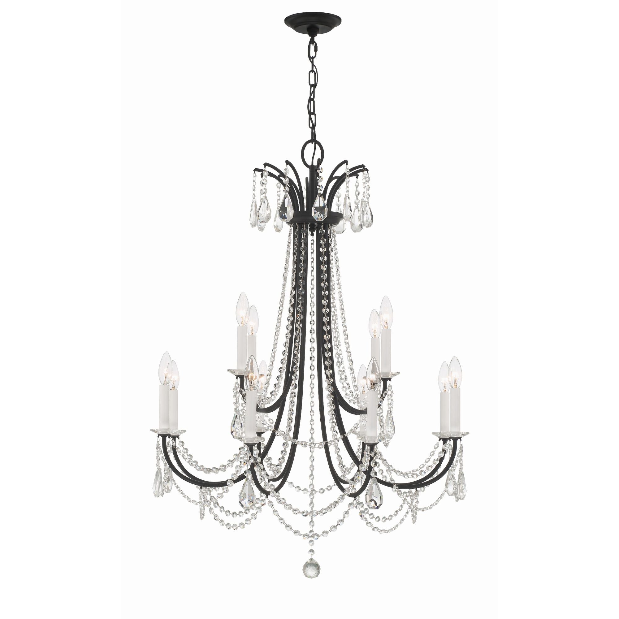 Karrington 12 Light Matte Black Chandelier Hand Cut Crystal 30"W x 40"H x 30"D