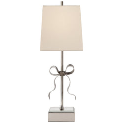 kate spade new york Ellery Gros-Grain Bow Table Lamp in Polished Nickel and Mirror with Cream Linen Shade