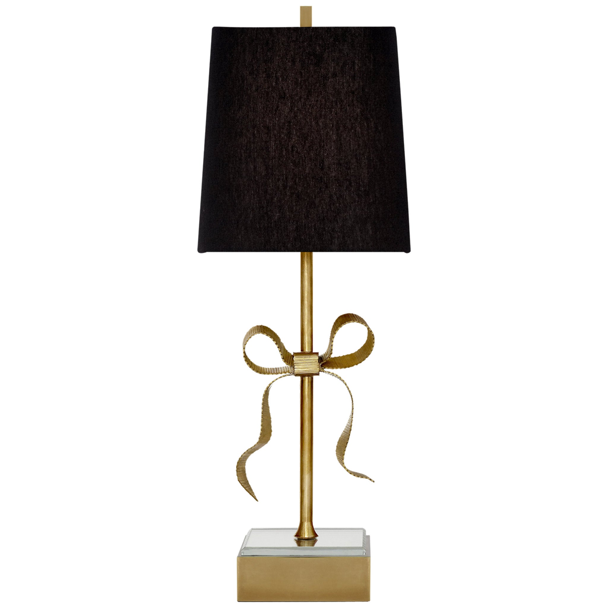 kate spade new york Ellery Gros-Grain Bow Table Lamp in Soft Brass and Mirror with Black Linen Shade