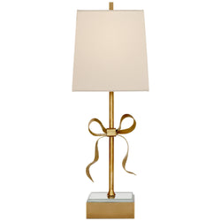 kate spade new york Ellery Gros-Grain Bow Table Lamp in Soft Brass and Mirror with Cream Linen Shade
